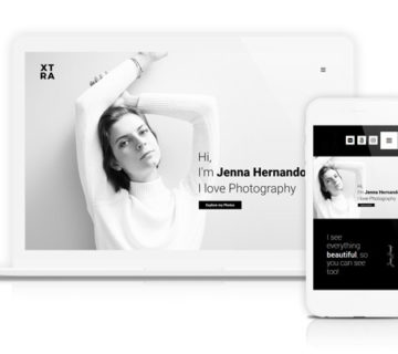 Auf einem Laptop und einem Smartphone wird eine minimalistische, in Weiß gehaltene Website einer Fotografin namens Jenna Hernando angezeigt. Auf dem Laptop ist ein Schwarzweißporträt zu sehen, während auf dem Telefon eine kleinere Version der Website angezeigt wird.