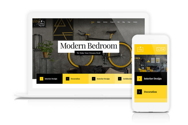 Laptop und Smartphone zeigen eine Website mit einem Thema zum Thema Innenarchitektur. Auf dem Bildschirm wird in großem Text „Modernes Schlafzimmer“ in einem gelb-schwarzen Farbschema angezeigt. Die Geräte zeigen ein einheitliches Webdesign auf verschiedenen Bildschirmen.