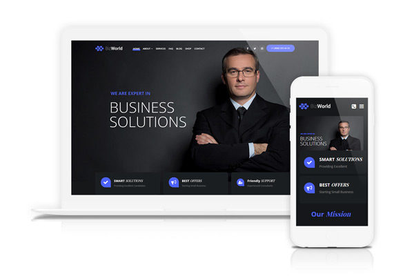 Auf einem Laptop und einem Smartphone wird eine professionelle Website für Unternehmenslösungen angezeigt. Auf dem Bildschirm ist ein Mann im Anzug zu sehen, dessen Text intelligente Lösungen, beste Angebote und freundlichen Support hervorhebt.