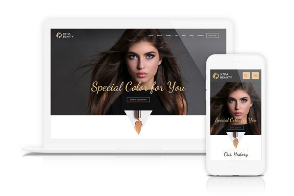 Ein responsives Design einer Beauty-Website, das auf einem Laptop und Smartphone angezeigt wird. Die Site zeigt ein Bild einer Frau mit langen Haaren, den Text „Special Color for You“ und das Branding für „Xtra Beauty“ in der Kopfzeile.