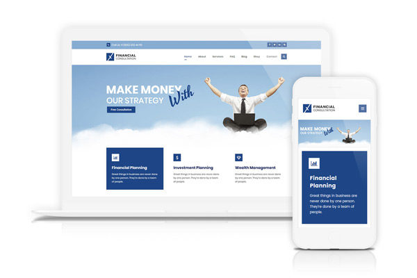 Laptop und Smartphone zeigen eine Website zur Finanzberatung. Die Site enthält Abschnitte zu Finanzplanung, Investitionsplanung und Vermögensverwaltung, mit einem Banner mit der Aufschrift „Verdienen Sie Geld, unsere Strategie“ und einem Bild einer feiernden Person.